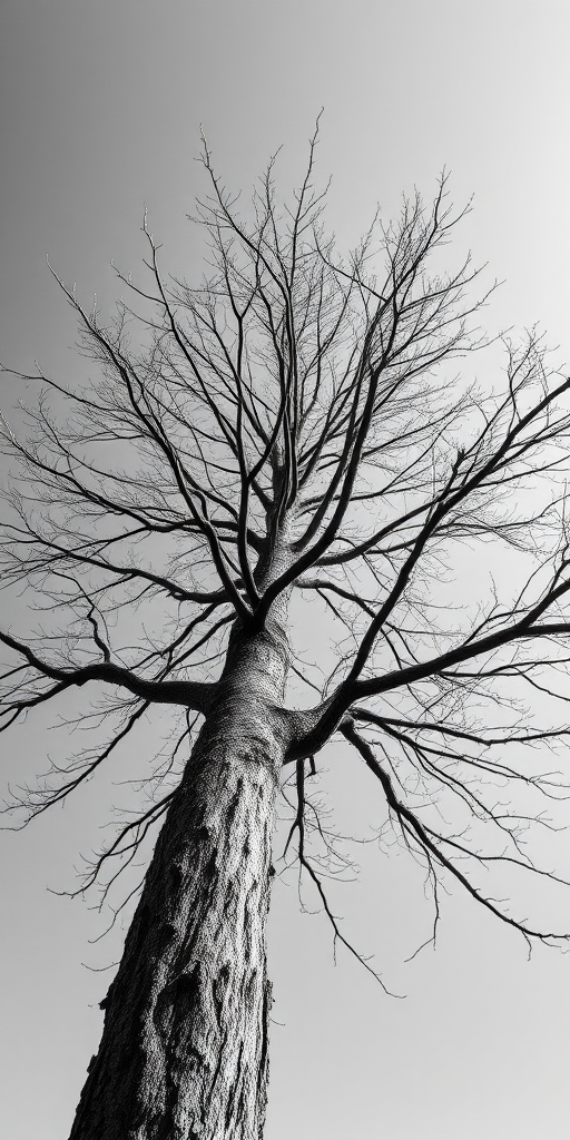 high-contrast black and white photograph of a bare tree from a low angle perspective, f/8 aperture, ISO 100, 1/200s shutter speed, 24mm lens, used with a DSLR camera, enhance clarity and sharpness