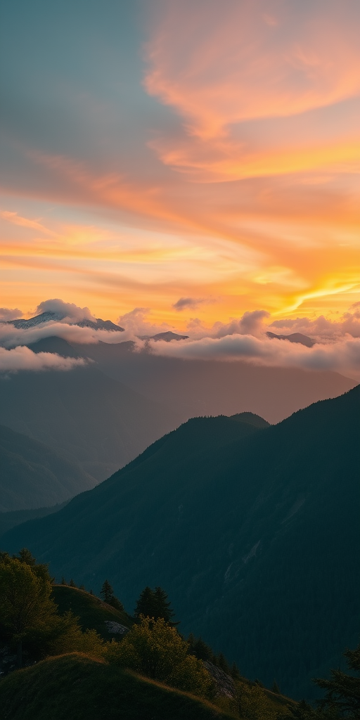 Generate a high-resolution image of a serene mountain landscape during sunrise with vivid colors and soft clouds, using a DSLR camera with a 24mm lens at f/8, ISO 100, 1/60s shutter speed, and a wide-angle view.