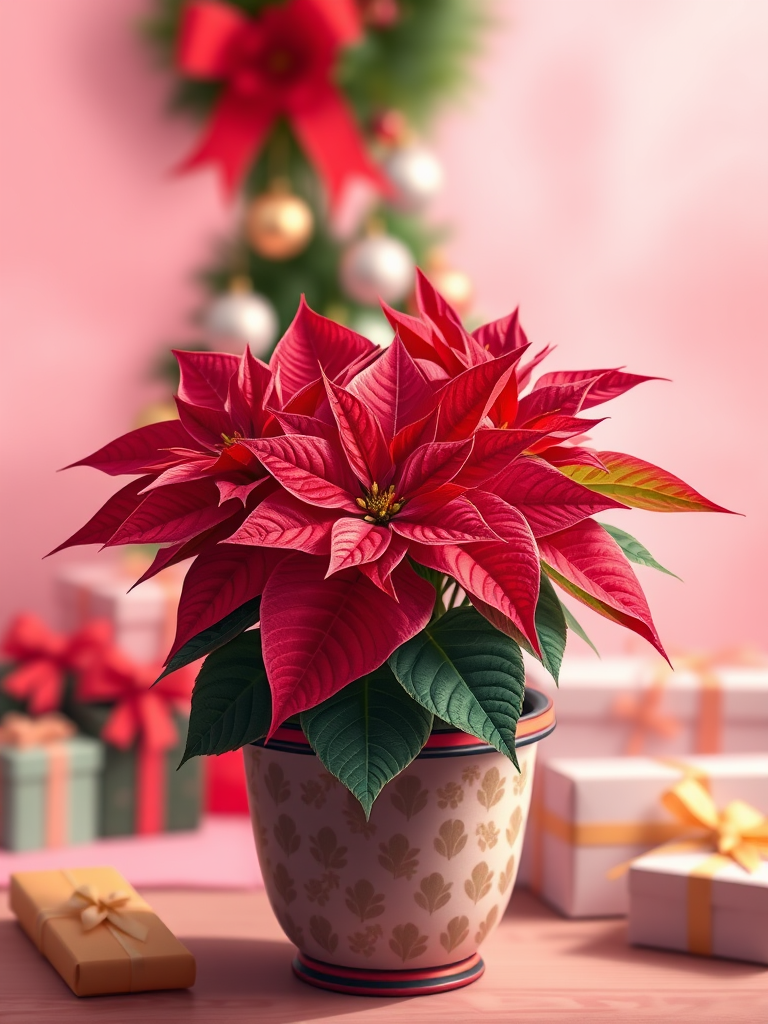 Create a detailed illustration of a poinsettia plant in a decorative pot, featuring vibrant red and pink leaves, set against a softly blurred pink background with Christmas ornaments and gifts, using a Canon EOS R5 with a 50mm f/1.2 lens, aperture set to f/2.8, ISO 100, focusing on a shallow depth of field for a dreamy effect.