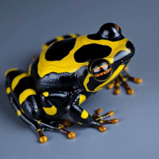 Generate an image of a close-up of a brightly colored frog with a glossy black body and striking yellow stripes. The frog should be positioned on a smooth surface, showcasing its intricate details and vibrant colors.