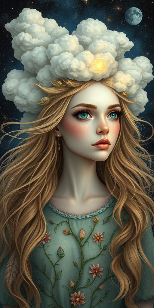 Create a series of imaginative portraits where each subject is infused with elements of fantasy and nature. The hair of the individuals should flow like clouds, varying from soft, fluffy cumulus to wispy cirrus strands, with hints of color reflecting a sunset or a clear blue sky. The eyes should be windows to entire galaxies, with stars, nebulae, and distant planets visible within them. Clothing should be adorned with nature motifs, such as floral patterns that bloom and change, vines that seem to grow and wrap around, or feathers that shimmer with iridescence. Each portrait should capture a unique personality, blending human features with the ethereal beauty of the natural and cosmic world. The backgrounds can vary, from starry night skies to enchanted forests, adding depth and context to the magical realism of the portraits