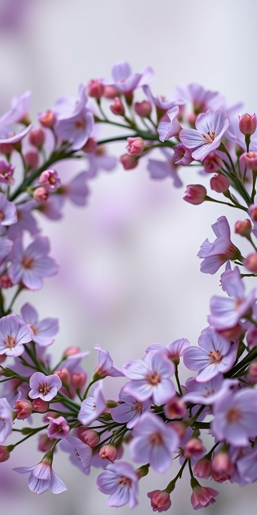 Create a circular floral frame with delicate purple flowers and rose gold rings, shot with a DSLR camera at f/2.8 aperture, 50mm lens, ISO 100, natural light, in a soft focus style.