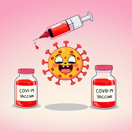 Create an illustration featuring a cartoonish representation of a COVID-19 virus with a large syringe filled with red liquid hovering above it, and two jars labeled "COVID-19 Vaccine" filled with red liquid beside it, using vibrant colors and a soft gradient background, captured with a Canon EOS R5 at f/8, ISO 100, 50mm lens, in a digital illustration style.