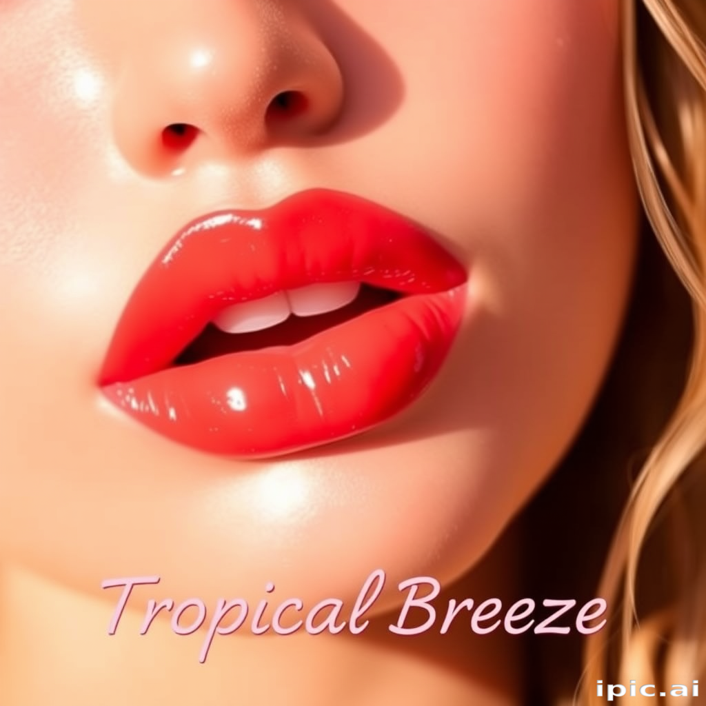 Vibrant coral sunset lips with a glossy finish, named "Tropical Breeze," feature a subtle ombre effect and a plumping formula for a full, luscious appearance
