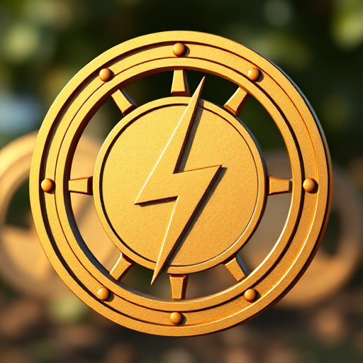 Create a high-resolution image of a golden circular symbol with a lightning bolt design in the center, focused with a 50mm lens, f/1.8 aperture, ISO 100, shot in natural light with a slight bokeh effect to enhance the background.