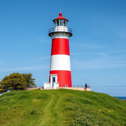 Generate a high-resolution image of a classic lighthouse with red and white stripes on a grassy hill, using a DSLR camera, aperture f/8, ISO 100, 50mm lens, and a wide-angle view to capture the surrounding landscape.