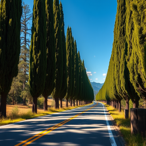capture a scenic road lined with cypress trees on a sunny day with a wide-angle lens at f/8, ISO 100, shutter speed 1/200 sec, using a DSLR camera from a low angle perspective to enhance depth and detail