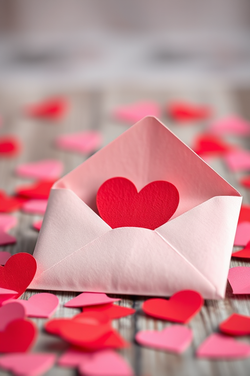 A close-up shot of an open envelope with a red heart on it, surrounded by scattered red and pink paper hearts, taken with a Canon EOS R5 at f/2.8, ISO 100, 1/125s, with a soft focus background to enhance depth and vibrancy.