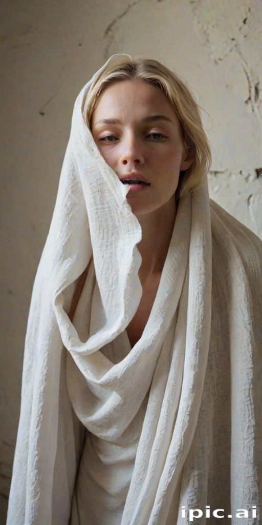 Create a close-up photographic image of the head and torso of a person with light skin tones shown against an old, worn wall. Their head is wrapped in a white cloth covering (i.e.... parts of the head except the nose and mouth, which are open as if they are screaming...), with a slight texture and visible folds in the fabric. Thin strands of blonde hair escape from the wrapping above, falling lightly at the top and sides. Their hands hold the fabric as if they are tugging nervously. The lighting is dramatic and even, casting strong shadows. The image has a minimalist and surreal style with an emphasis on simplicity with soft color tones. The composition is centered.
