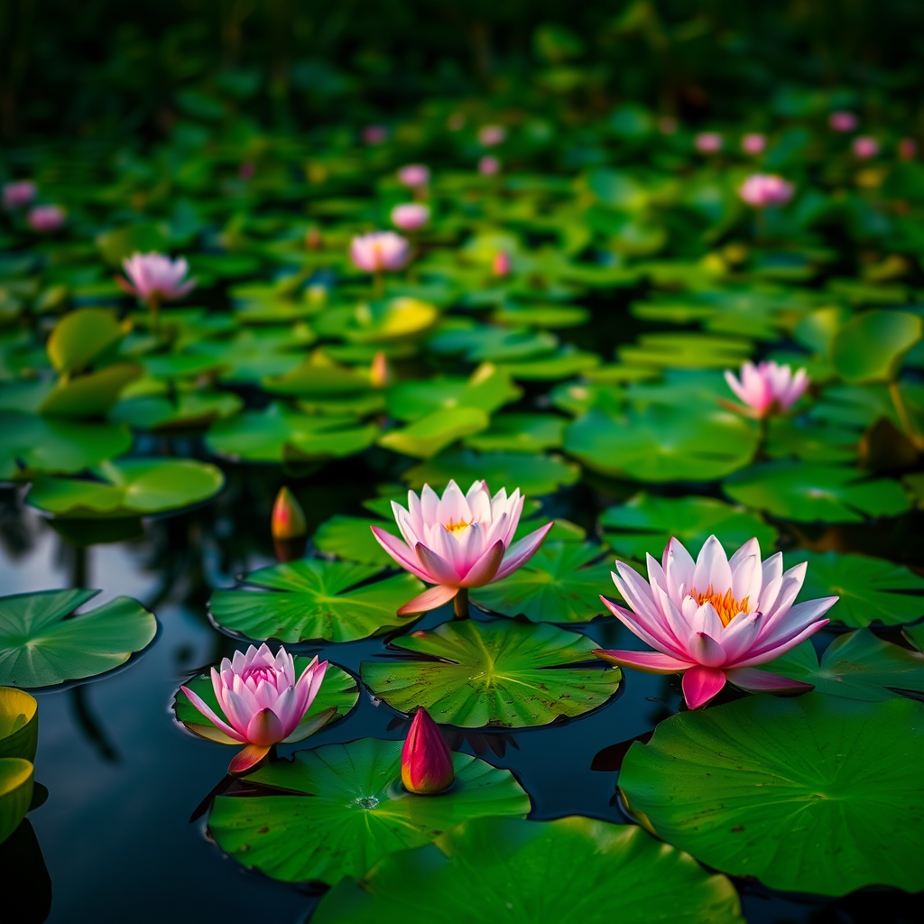 A serene water lily pond at sunrise with blooming pink lilies and vibrant green lily pads, captured with a Canon EOS R5 at f/5.6, ISO 100, and a shutter speed of 1/200s, in a soft focus style to enhance the vivid colors and reflections on the water.