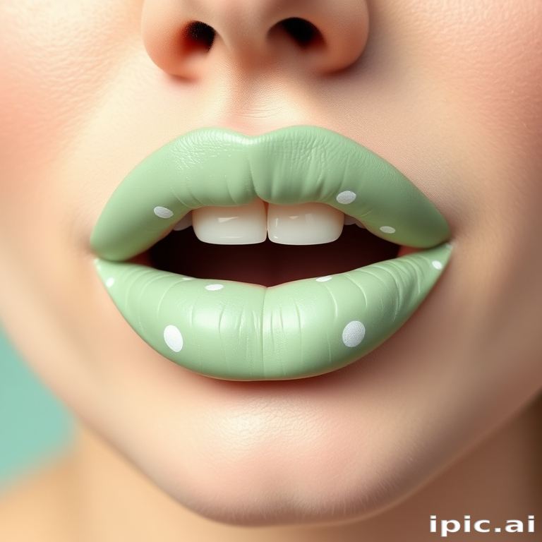 Opaque pastel mint green lips in "Pistachio Kiss" style, with a creamy matte finish and delicate white polka dots for a playful and retro-inspired look