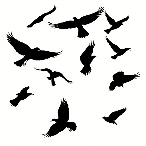 Create a high-resolution vector image of various bird silhouettes in dynamic flight poses against a transparent background, using a Canon EOS 5D Mark IV with a 50mm f/1.8 lens at f/4, ISO 100, and a shutter speed of 1/200s, with a wide-angle view to capture the diversity and elegance of the birds.