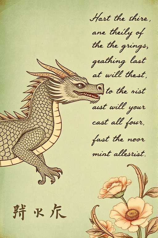 Create a vintage-style illustration featuring an intricately detailed dragon on the left side, with a soft green textured background and faded handwritten script, complemented by delicate flowers at the bottom right, captured with a DSLR camera, using a shallow depth of field, aperture f/2.8, ISO 100, focal length 50mm, and a slightly tilted angle for added interest.