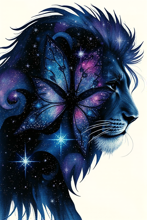 Captivating conceptual render alcohol ink art, double exposure, the paint strokes artfully merge combining a woman's full silhouette with a Beaming butterfly's silhouette. The figures are composed of a series of colored dots, lines & spots that evoke the image of a cosmic galaxy, colors are deep shades of blue purple & black with flashes of white & silver representing distant stars. The woman's silhouette is formed within the lion's silhouette from constellations of scattered stars, surreal