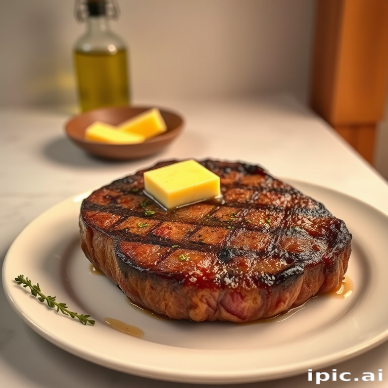 Create an image of a perfectly seared ribeye steak, resting on a white plate with a pat of melting butter on top. The steak is seasoned with fresh herbs like thyme and parsley, with glistening juices highlighting the texture of the meat. The background features a soft focus on a light, marble countertop, with a small dish of butter and an olive oil bottle in the distance. The overall mood should be warm and inviting, capturing the deliciousness and juiciness of the steak.