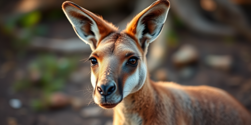 A close-up portrait of a kangaroo in a natural setting with a shallow depth of field, aperture f/2.8, ISO 400, shutter speed 1/250s, 85mm lens, soft afternoon light, DSLR camera.
