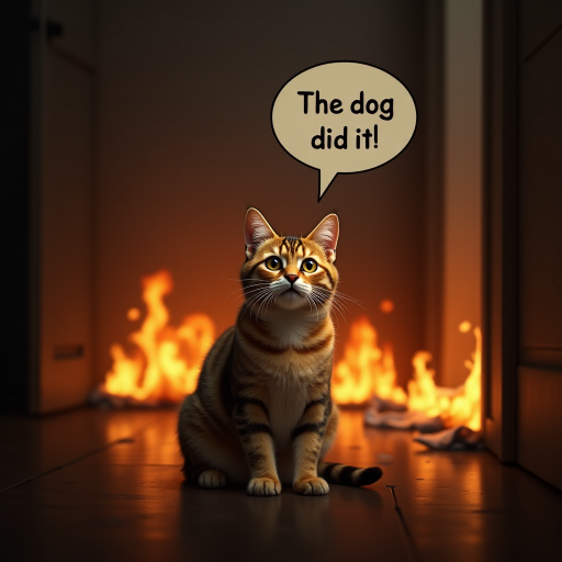 Photorealistic image of an innocent-looking cat sitting calmly in the middle of a burning room. Flames engulf the room, with fire licking up the walls and smoke filling the air. The cat is sitting on the floor, looking directly at the viewer with wide, innocent eyes. Above the cat, a speech bubble says "The dog did it". The contrast between the cat's calm demeanor and the chaos around it creates a humorous and surreal scene.