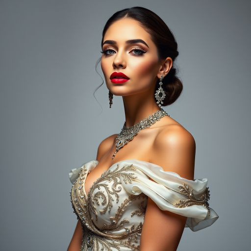 Studio portrait, female model, elegant couture dress, bold makeup, dramatic lighting, Shoot over the shoulder using a telephoto lens to focus on small details like jewelry, makeup, or fabric textures