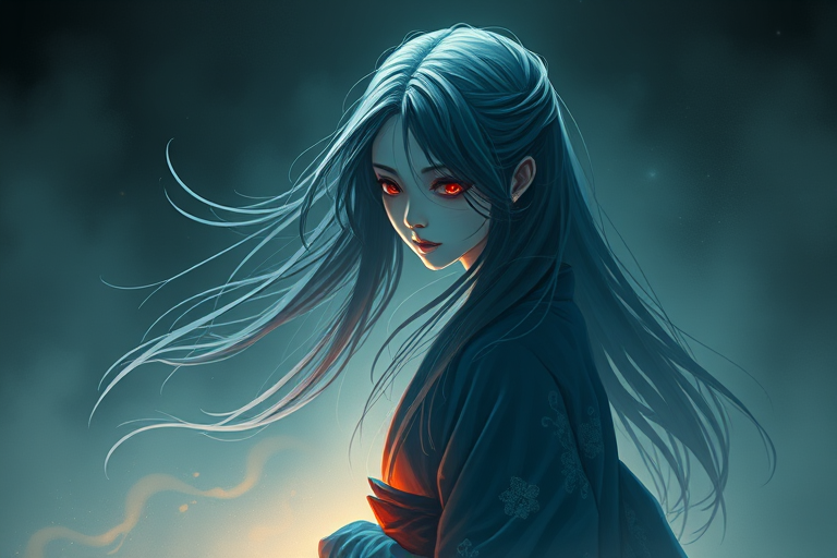 Create a high-definition digital illustration of a ghostly figure in a blue kimono with long flowing hair and a red eye, surrounded by ethereal mist, using a Canon EOS R5 with a 50mm lens at f/1.8, ISO 100, and a soft-focus portrait style, illuminated by dramatic lighting to enhance the haunting details and textures.