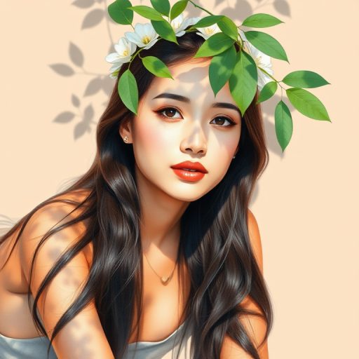 create a watercolor painting of an ethereal portrait of beautiful Malay woman with a simple white flower crown on her head. Her hair is long and she is lying on the ground. The sunlight on the trees casts shadows from the leaves on her face and body. The background is a neutral brown color that matches her skin tone. The image is minimalist and solid colors. This style is characterized by soft, delicate brushstrokes and a light, airy, contrasting color palette. High level of detail and play of light
