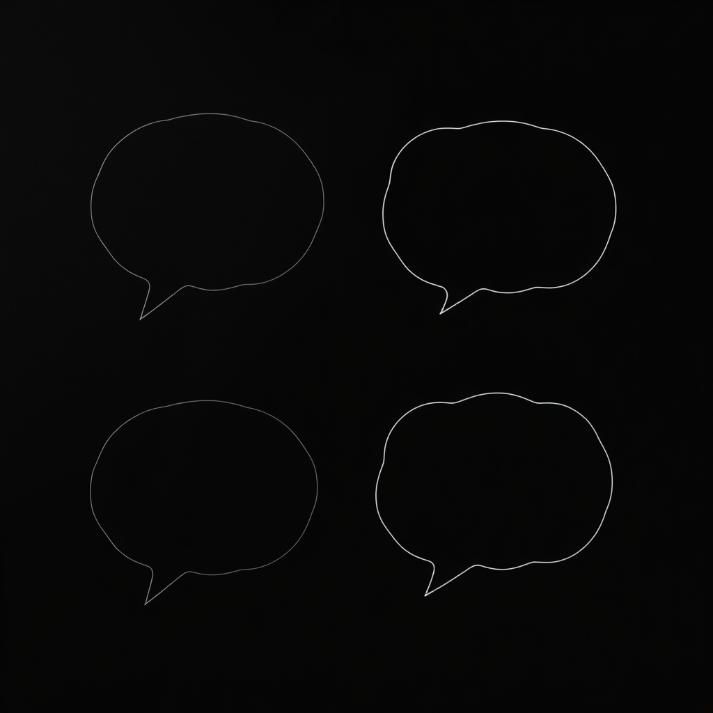 Create a high-resolution image of four empty speech and thought bubbles on a solid black background, using a Canon EOS R5 camera, 50mm lens, f/1.8 aperture, ISO 100, and a shallow depth of field for a clean, crisp look.