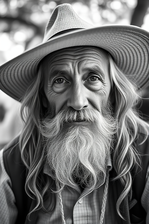 Create a high-resolution black and white portrait of an elderly man with long hair and a beard, wearing a wide-brimmed hat, shot with a Canon EOS R5 at f/1.8, ISO 100, 85mm lens, capturing a low-angle view for dramatic effect and soft natural lighting.
