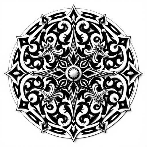 Create a highly detailed black and white illustration of an intricate mystical symbol with swirling patterns and organic shapes, captured with a DSLR camera at f/4, ISO 100, 1/125s, using a macro lens to emphasize texture and depth, shot from a straight-on perspective to highlight symmetry.