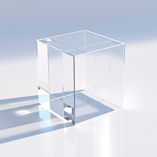 Create a high-resolution 3D render of an optical illusion cube with transparent sections, set against a smooth reflective surface, using a DSLR camera with a 50mm lens, f/1.8 aperture, 1/125s shutter speed, ISO 100, in soft natural light to enhance shadow details.