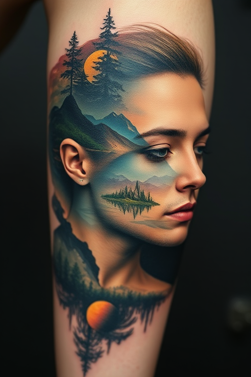 Surrealist double exposure tattoo blending a portrait with natural landscapes, creating a dreamlike image that seamlessly merges human and environmental elements