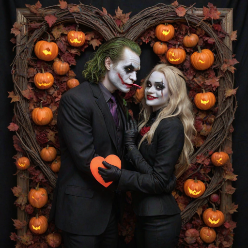 The Joker, neat, wearing a black suit and a beautiful Harley Quinn with long hair, both romantic, hugging and cuddling in the middle of a neon linen black heart frame decorated with dead leaves, bats, and small pumpkins, with a label at the bottom that reads 'Mad Love' made of linen, in a photo realistic style.