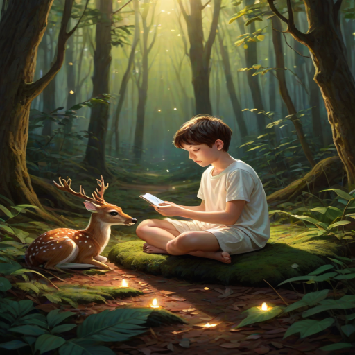 A luminous digital painting of a serene forest scene featuring a barefoot young boy, about 7 years old, with brown hair and fair skin, dressed in a simple white outfit. He sits cross-legged on the forest floor, gazing at a small, glowing, magical firefly in his hand. Beside him, a delicate spotted deer lies calmly on a bed of dried leaves, observing the scene. The dense forest is bathed in warm, golden light filtering through the trees, creating a peaceful, magical atmosphere with a blend of natural and mystical elements.
