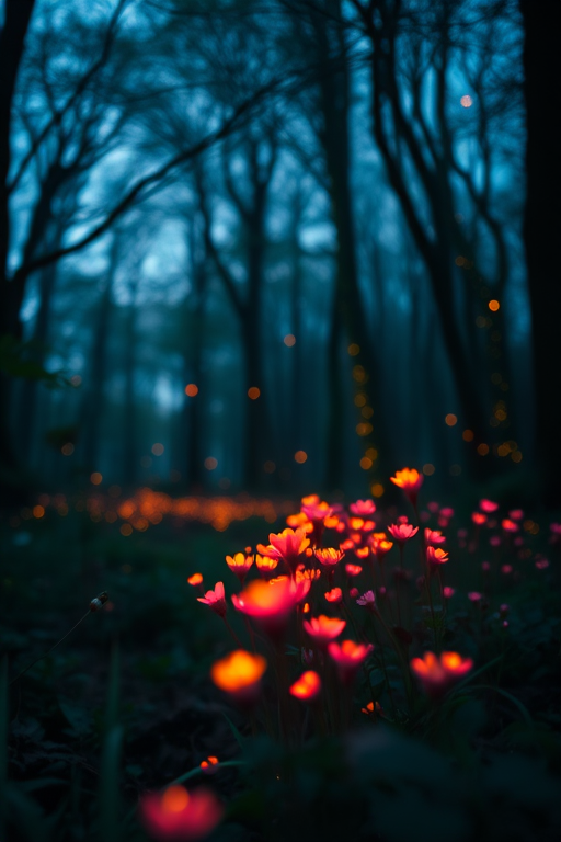 a mystical forest at twilight filled with glowing fireflies and bioluminescent flowers, soft focus, shallow depth of field, f/2.8 aperture, ISO 400, 24mm lens, DSLR camera, low-angle view to emphasize the enchanting atmosphere, vibrant colors, ethereal lighting