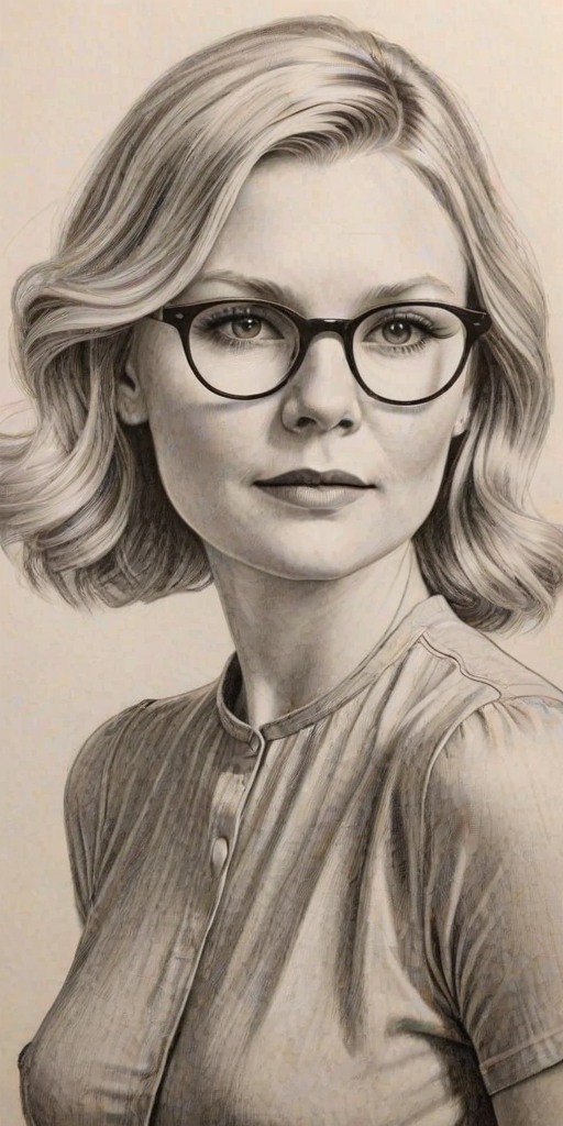 Bewitching Kirsten Dunst, pencil sketch, portrait of Graceful woman 1936s in glasses, hair style beatnik, outline, clear lines, fine lines, 8k