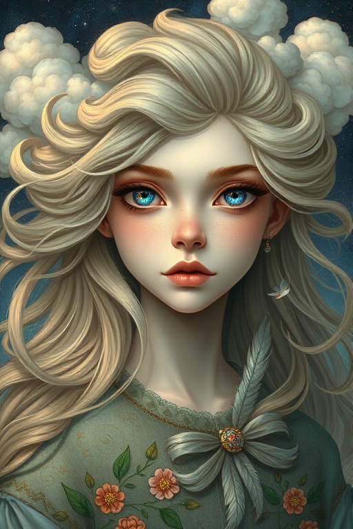 Create a series of imaginative portraits where each subject is infused with elements of fantasy and nature. The hair of the individuals should flow like clouds, varying from soft, fluffy cumulus to wispy cirrus strands, with hints of color reflecting a sunset or a clear blue sky. The eyes should be windows to entire galaxies, with stars, nebulae, and distant planets visible within them. Clothing should be adorned with nature motifs, such as floral patterns that bloom and change, vines that seem to grow and wrap around, or feathers that shimmer with iridescence. Each portrait should capture a unique personality, blending human features with the ethereal beauty of the natural and cosmic world. The backgrounds can vary, from starry night skies to enchanted forests, adding depth and context to the magical realism of the portraits