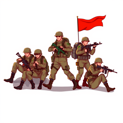 Create a high-resolution illustration of five soldiers in varying poses: one sitting with a rifle, one walking with a red signal flag, one carrying a backpack, one aiming a firearm, and one in a relaxed stance, using a digital drawing tablet with vibrant colors, a 300 DPI setting, and a clean, flat digital art style.