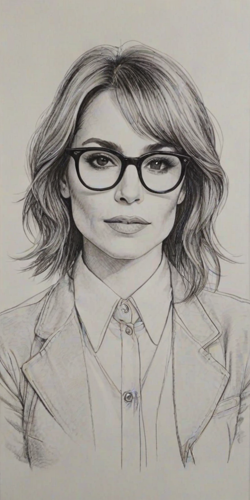 Splendid Noomi Rapace, pencil sketch, portrait of Pleasing woman 1978s in glasses, hair style beatnik, outline, clear lines, fine lines, 8k