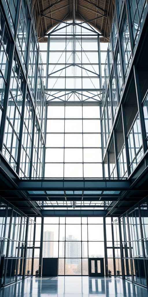 interior of a modern architectural space with large windows and metallic structures, captured with a Canon EOS R5, 24mm lens, aperture f/8, ISO 100, high dynamic range photography, wide-angle view, natural lighting, minimalistic design