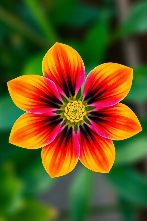 Create a vibrant and detailed illustration of a stylized flower with six petals, using a soft-focus lens effect for a dreamy aesthetic, shot from a top-down perspective at f/2.8 aperture, ISO 100, 50mm prime lens, digital art style.