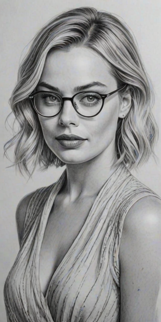 Resplendent Margot Robbie, pencil sketch, portrait of Attractive woman 1920s in glasses, hair style beatnik, outline, clear lines, fine lines, 8k