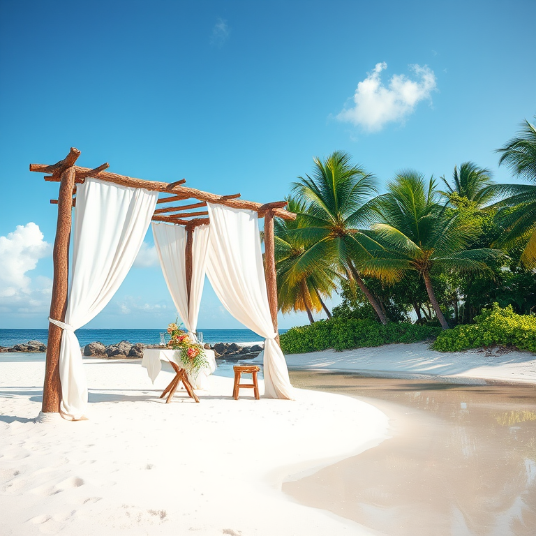 Create a picturesque tropical beach scene featuring a serene, white sandy shore. In the foreground, there's a rustic wooden canopy with white drapes gently flowing in the breeze. Underneath the canopy, a table is set with tropical decor, evoking a sense of relaxation and leisure. The beach extends into a calm, shallow water area with reflections of the sky and surroundings. Palm trees and lush greenery line the edge of the beach, providing a natural, tropical backdrop. The sky is clear with a few scattered clouds, and the overall atmosphere is tranquil and inviting, perfect for a peaceful retreat.