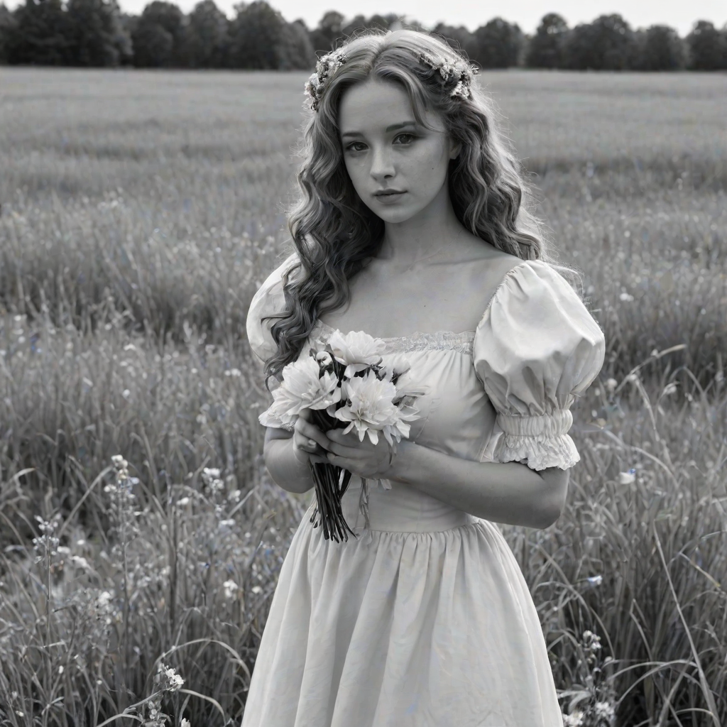 safe, sketch, monochrome, greyscale, 1girl, solo, long hair, curly hair, wavy hair, orange hair, orange eyes, looking at viewer, breasts, dress, white dress, puffy sleeves, puffy short sleeves, short sleeves, gloves, elbow gloves, white gloves, cowboy shot, closed mouth, standing, outdoors, field, flower, grass, plant, sky