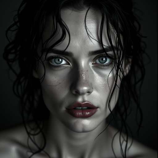 a striking portrait in the style of black-and-white photography, dramatic high-contrast lighting eloquently tracing the intricate details of hand-drawn pen strokes, a beautiful Nordic woman tousled hair and shining, focus on blue eyes and red lips, radiating with intensity portrait that highlights her dark , wet, . The monochromatic statement features her pale skin colored by tiny beads of sweat and water droplets, showcasing a hyper-detailed composition that focuses entirely on her unforgettable face. The stylized composition basks in atmosphere and mystery, created by the powerful, piercing gaze of the water-driven Nordic woman as she commands an intense and mesmerizing aura within the limited frame. Composed to evoke a sense of nostalgic wonder, this portrait perfectly captures the essence of a bygone era.