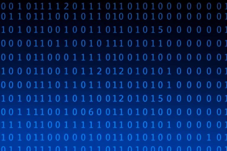 generate an image of a digital binary code backdrop with a smooth gradient from dark blue to lighter blue, using a DSLR camera with a 50mm lens, aperture f/2.8, ISO 100, and shutter speed 1/60s, shot from a slightly elevated angle in a sharp and focused style.