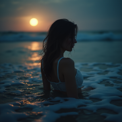 Best photograph, hyperealistic, UHD, HDR, 5D, 35'mm Leica lens, medium shoot of a sensual beautiful mature woman in the water wave the beach, full moon light effect ,Deep focus, intricate details, 35mm lens shot, lovely and romantic sight, cinematic