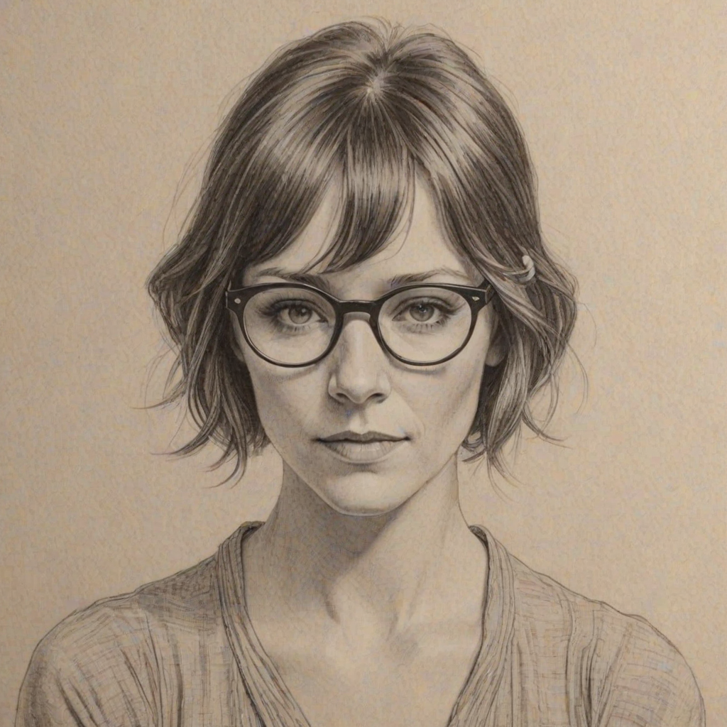 Superb Katie Aselton, pencil sketch, portrait of Pleasing woman 1923s in glasses, hair style beatnik, outline, clear lines, fine lines, 8k