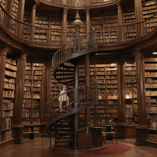 Majestic library with towering shelves, a spiral staircase winding through the stacks, and a woman with glasses perched on her nose, deep in a thick, leather-bound book.