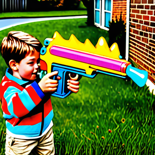 an boy shooting an water gun the size of an car