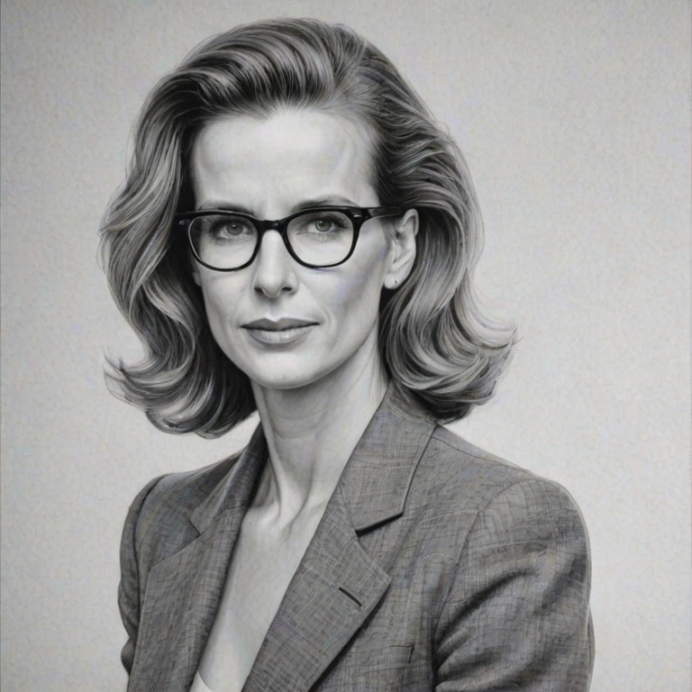 Graceful Rachel Griffiths, pencil sketch, portrait of Captivating woman 1945s in glasses, hair style beatnik, outline, clear lines, fine lines, 8k