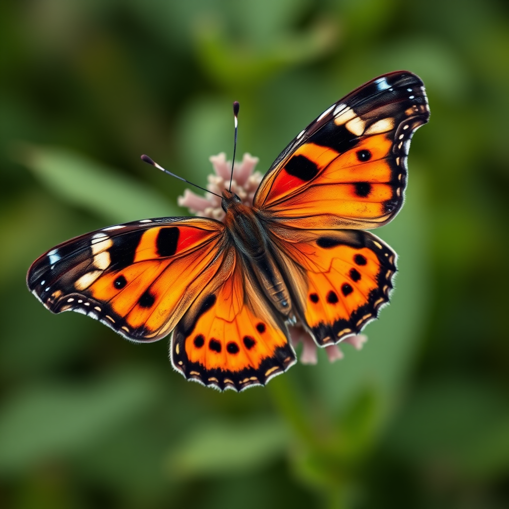 Create a high-resolution image of a butterfly with vibrant orange and black wings, using a DSLR camera, 85mm lens, f/2.8 aperture, ISO 100, natural light, top-down view, and macro photography style.