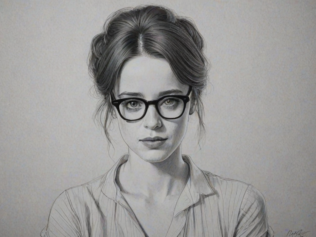 Magnificent Claire Foy, pencil sketch, portrait of Elegant woman 1968s in glasses, hair style beatnik, outline, clear lines, fine lines, 8k